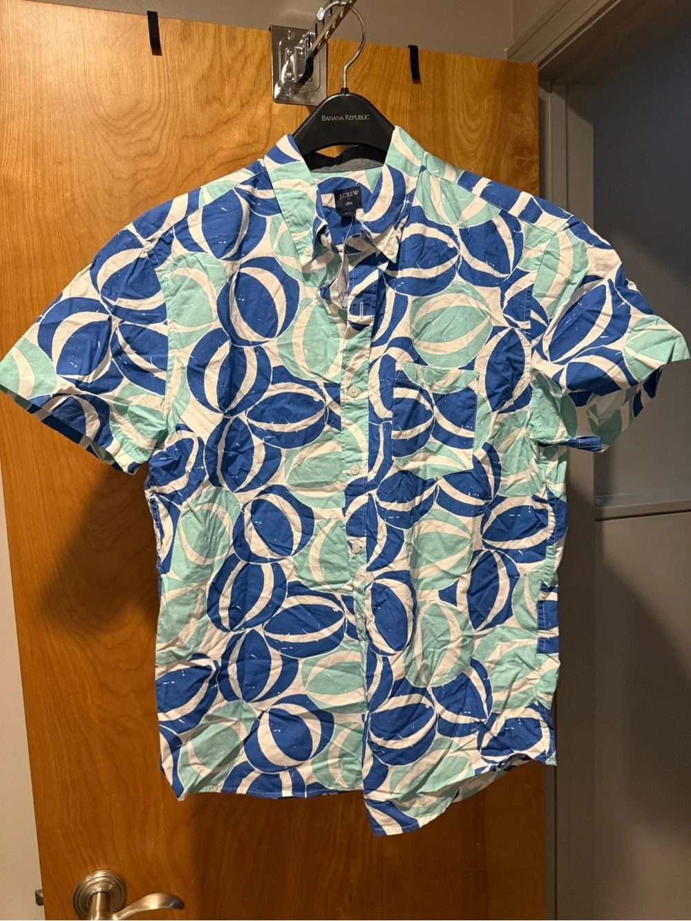 J. Crew Short-Sleeve Button-Down in Blue, Teal and White Circular Print